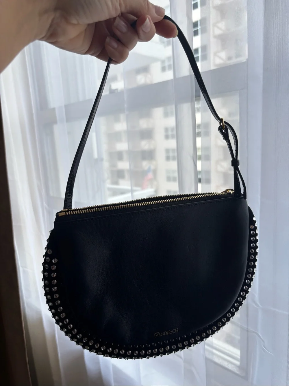 J.W. Anderson Black Studded Half Moon Shoulder Bag leather and suede